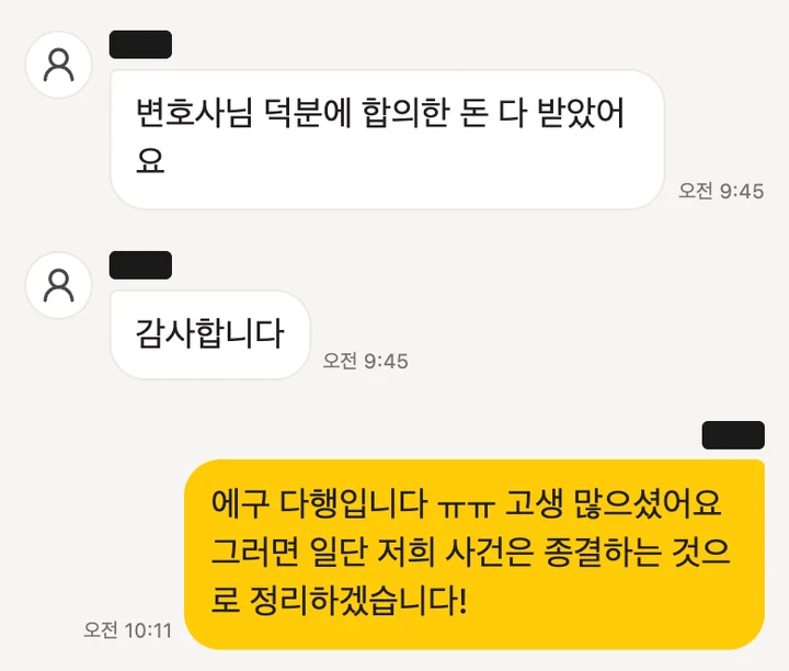 의뢰인과 주고받은 메시지 일부 (개인정보 가림)