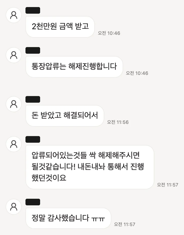 의뢰인과 주고받은 메시지 일부 (개인정보 가림)